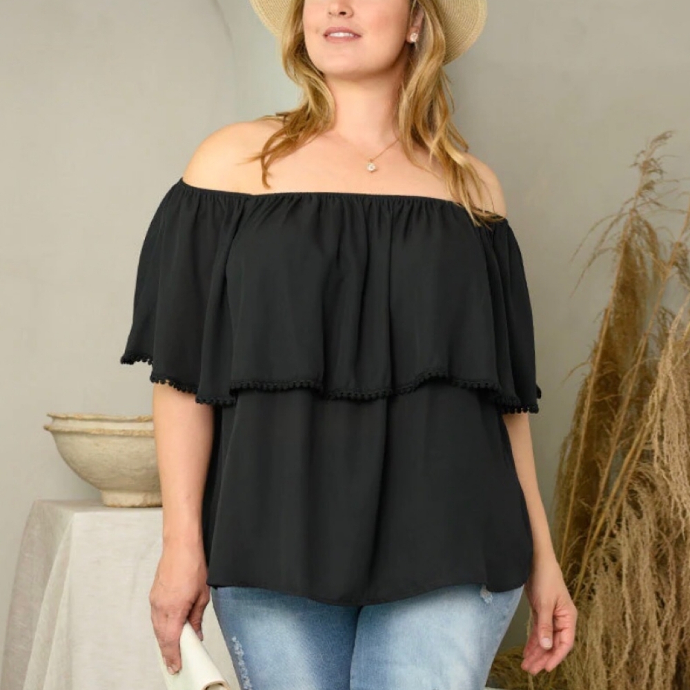 LAST ONE❗️PEACH LOVE CALIFORNIA Plus Size Black Off Shoulder Flounce Top - Picture 4 of 6